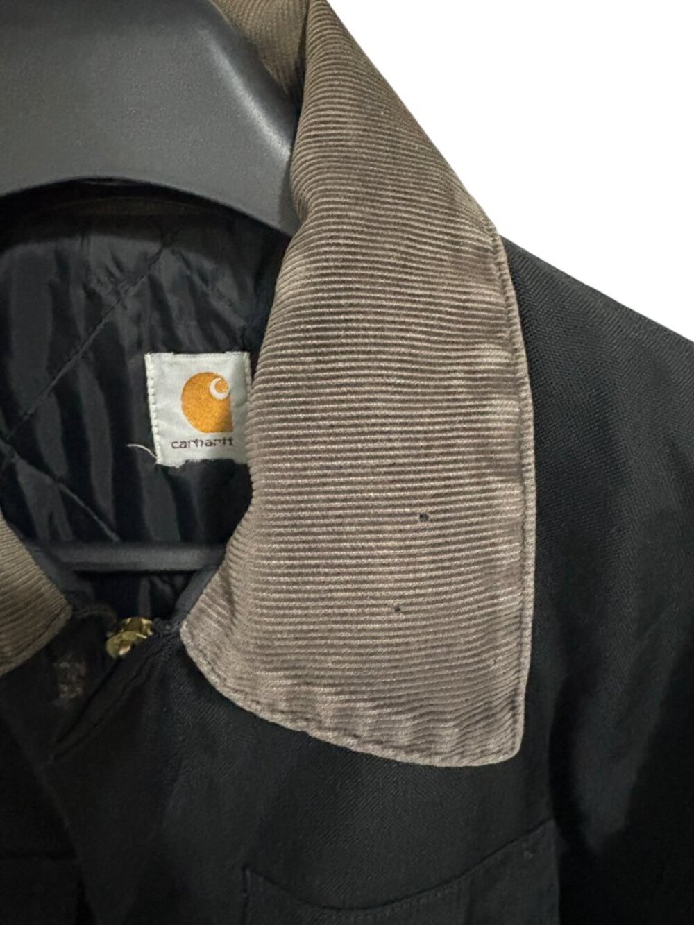 Vintage Carhartt Black Barn Chore Logo Jacket Quilt Lined Brown Cord Trim 2XL - Picture 6 of 8